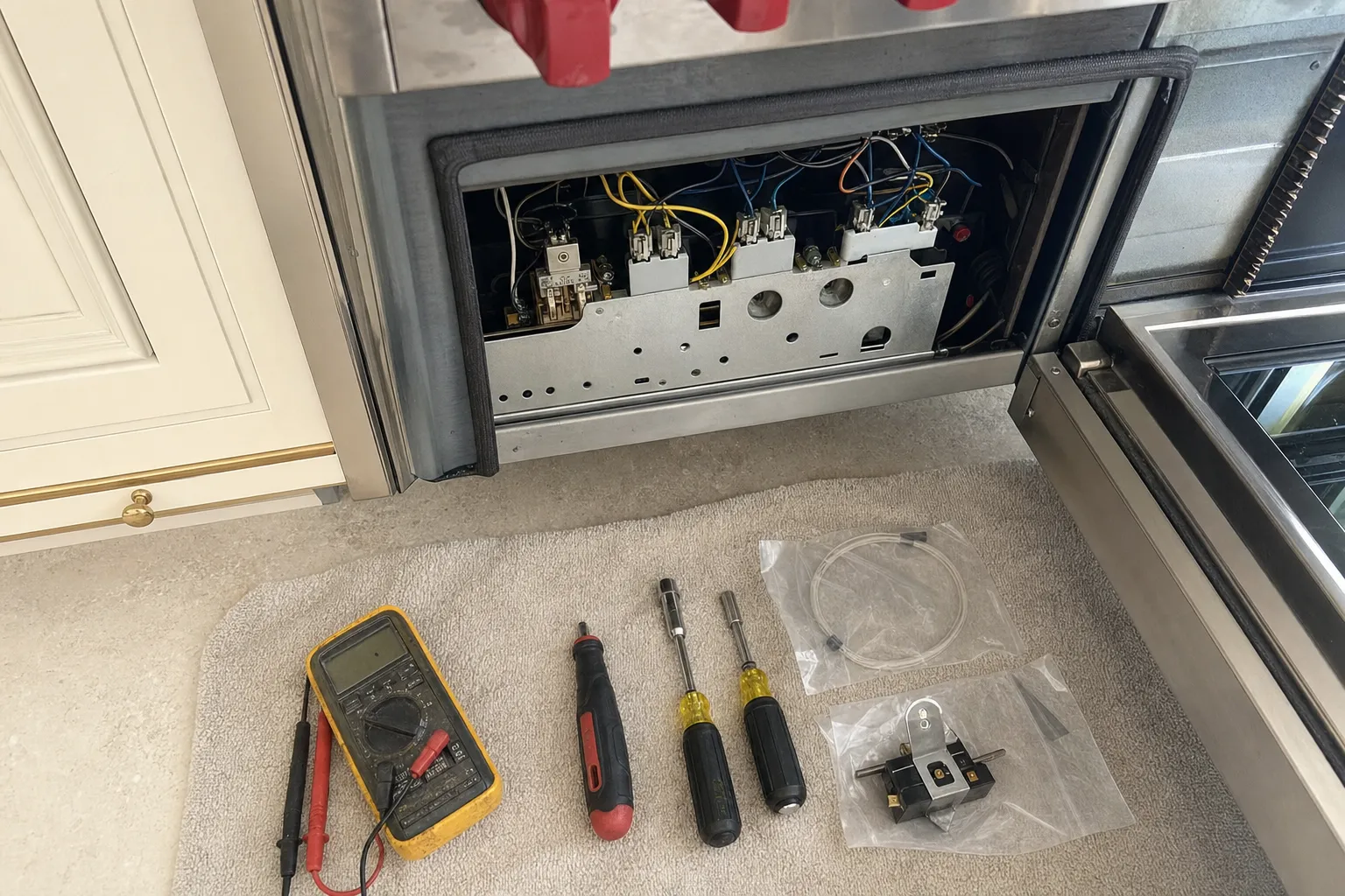 Panel removed from a built-in unit exposing relays and wiring, with a multimeter, nut drivers and a bagged part laid out